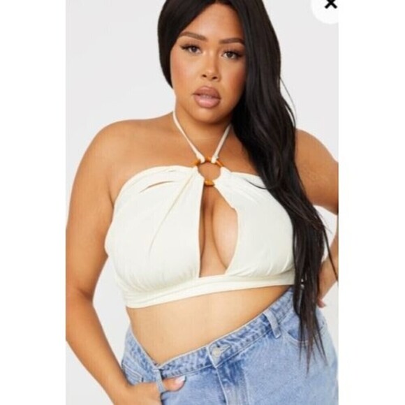 PRETTYLITTLETHING Tops - Pretty Little Things Halterneck Crop Top Plus Size 14 Beige Bamboo Ring NWT